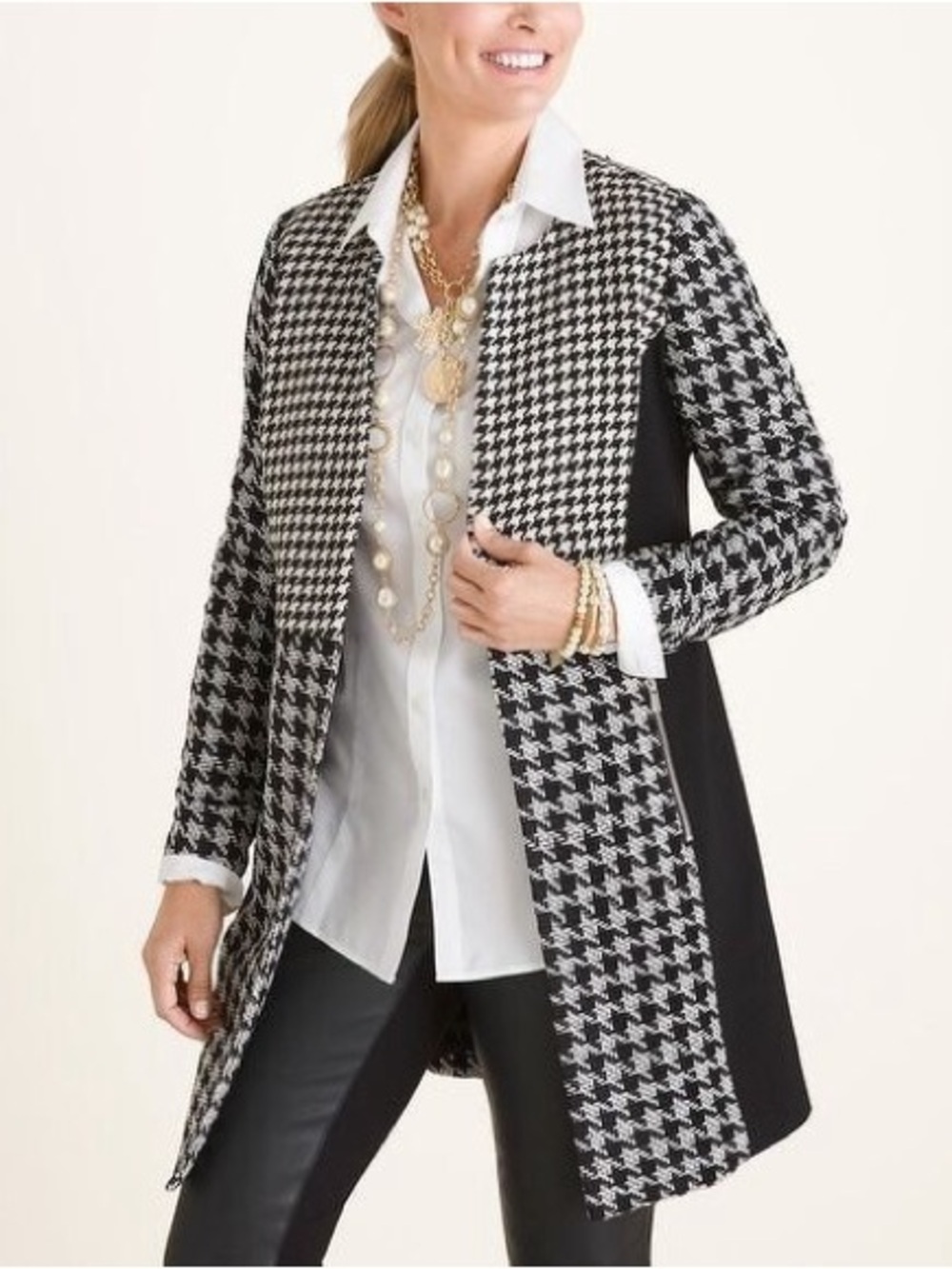 Chico’s Black & White Houndstooth Mixed Media Knit Long Line Open Blazer Jacket